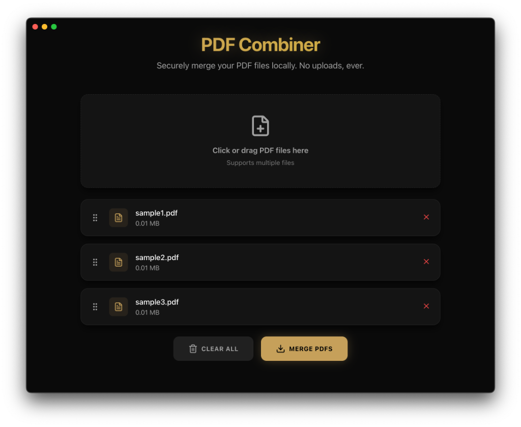 Local PDF Combiner Application Screenshot
